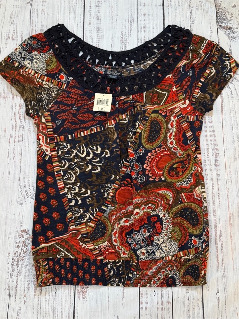 Lucky Brand Women's S. Short Sleeve Crochet Trim Paisley Patchwork Print Blouse